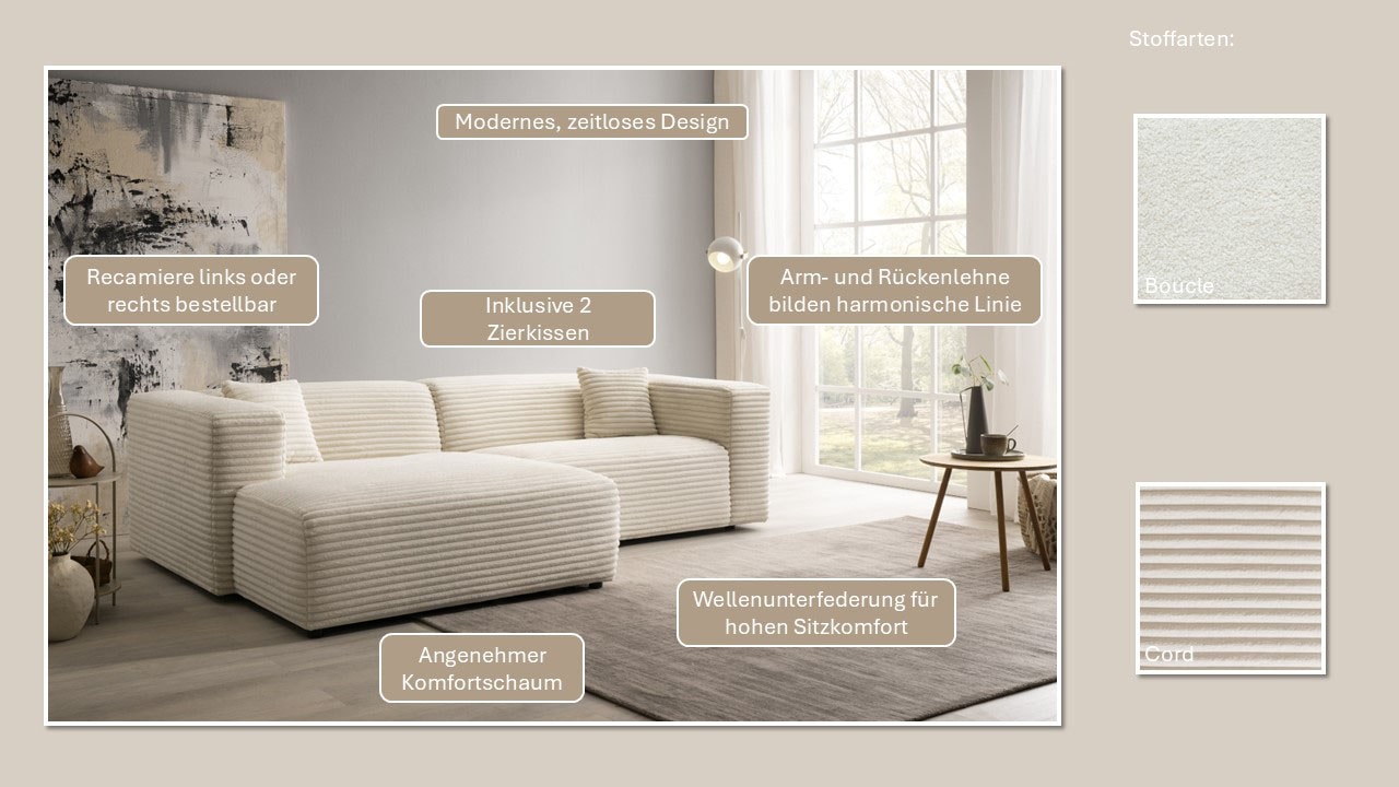 Home affaire Ecksofa »BAKELS, L-Form in Cord oder Boucle-Stoff, moderne Couch« wahlweise Recamiere rechts/links, bequemer Sitzkomfort
