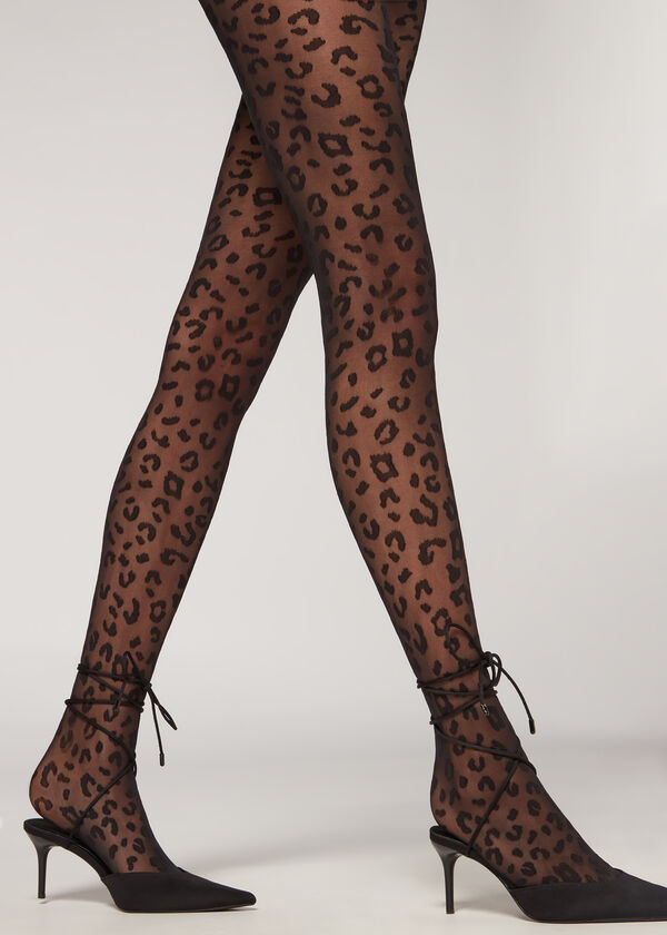Meia-calça transparente com estampa animal, 30 denier