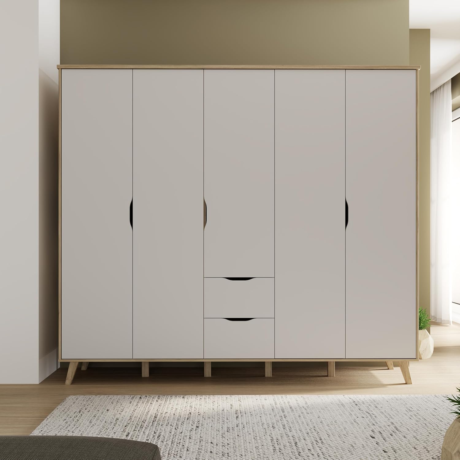 Forte VANKKA Kleiderschrank 230, Skandi Schrank mit 5 Drehtüren und 2 Schubladen, Filigrane Möbelbeine, Holzwerkstoff, Planked Eiche Holzdekor | Weiß, 228,8 cm breit x 201,5 cm hoch x 52,7 cm tief