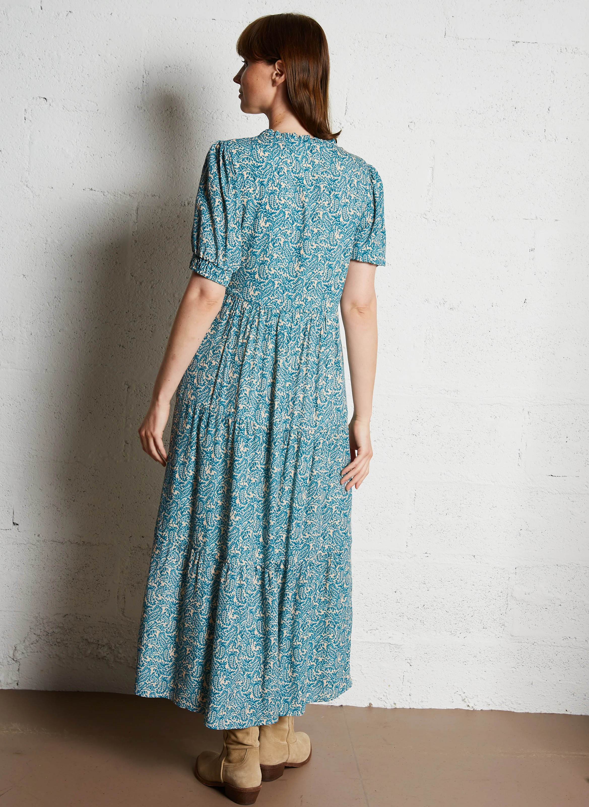 MANALE - Robe longue col tunisien imprimé | Bleu
