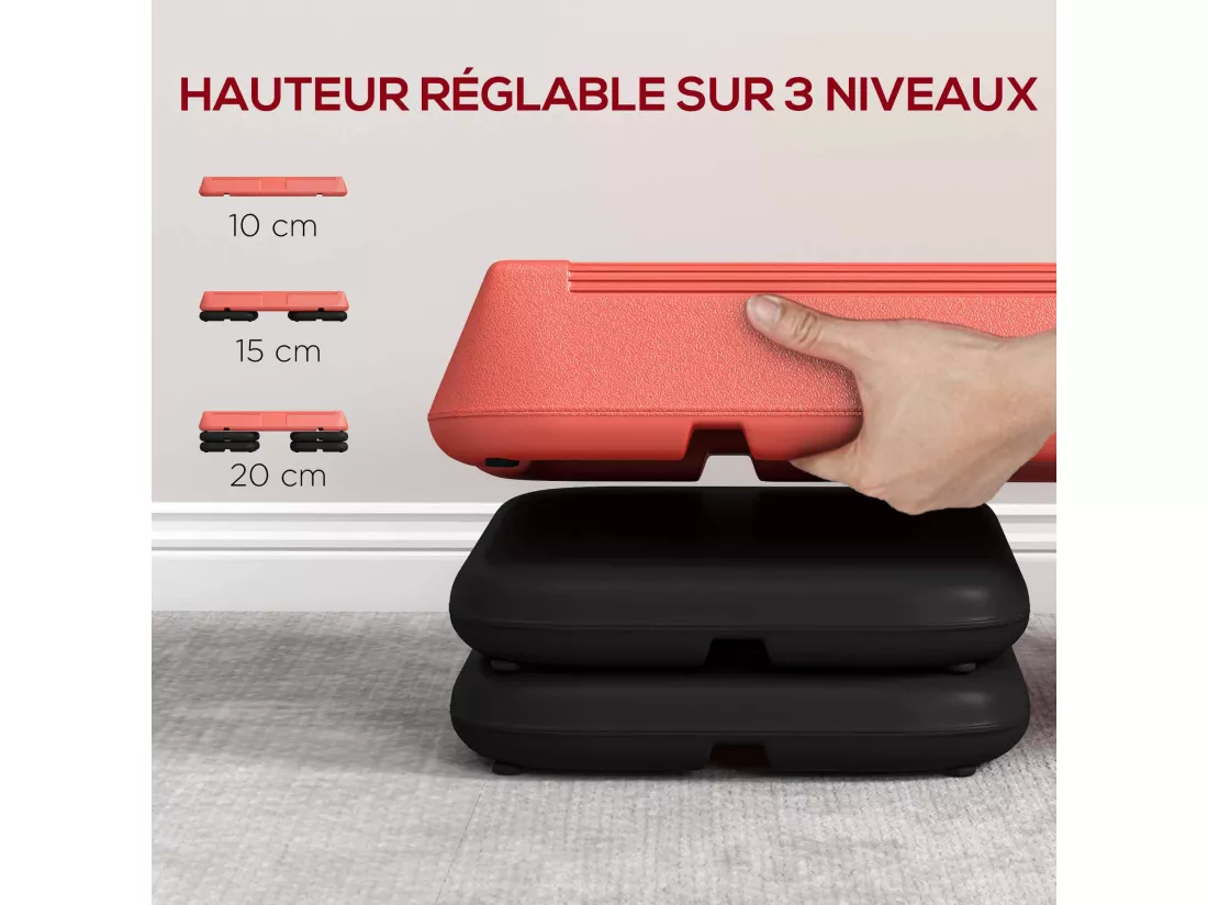 Stepper aérobic fitness hauteur réglable 3 niv. 10/15/20 cm surface antidérapante PE rouge