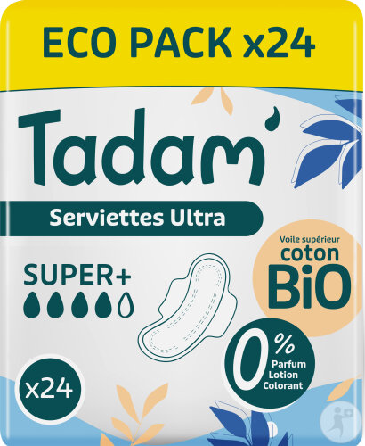 Tadam Serviettes Écologiques Dermo-Sensitives Avec Ailettes Super+ Pièces 24