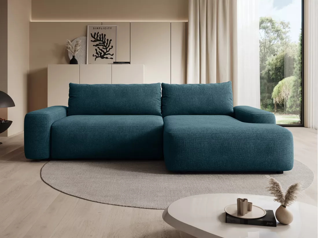Canapé d'angle droit convertible en tissu texturé bleu DAVISO