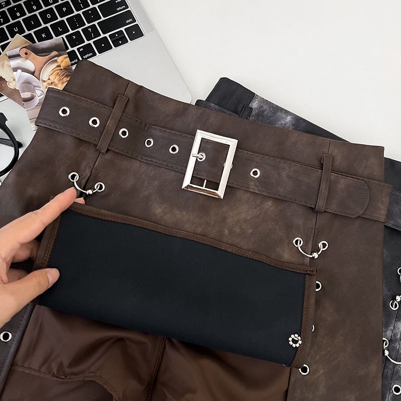 Babique - Set: Hoge taille imitatieleren ringrok met A-lijn + riem