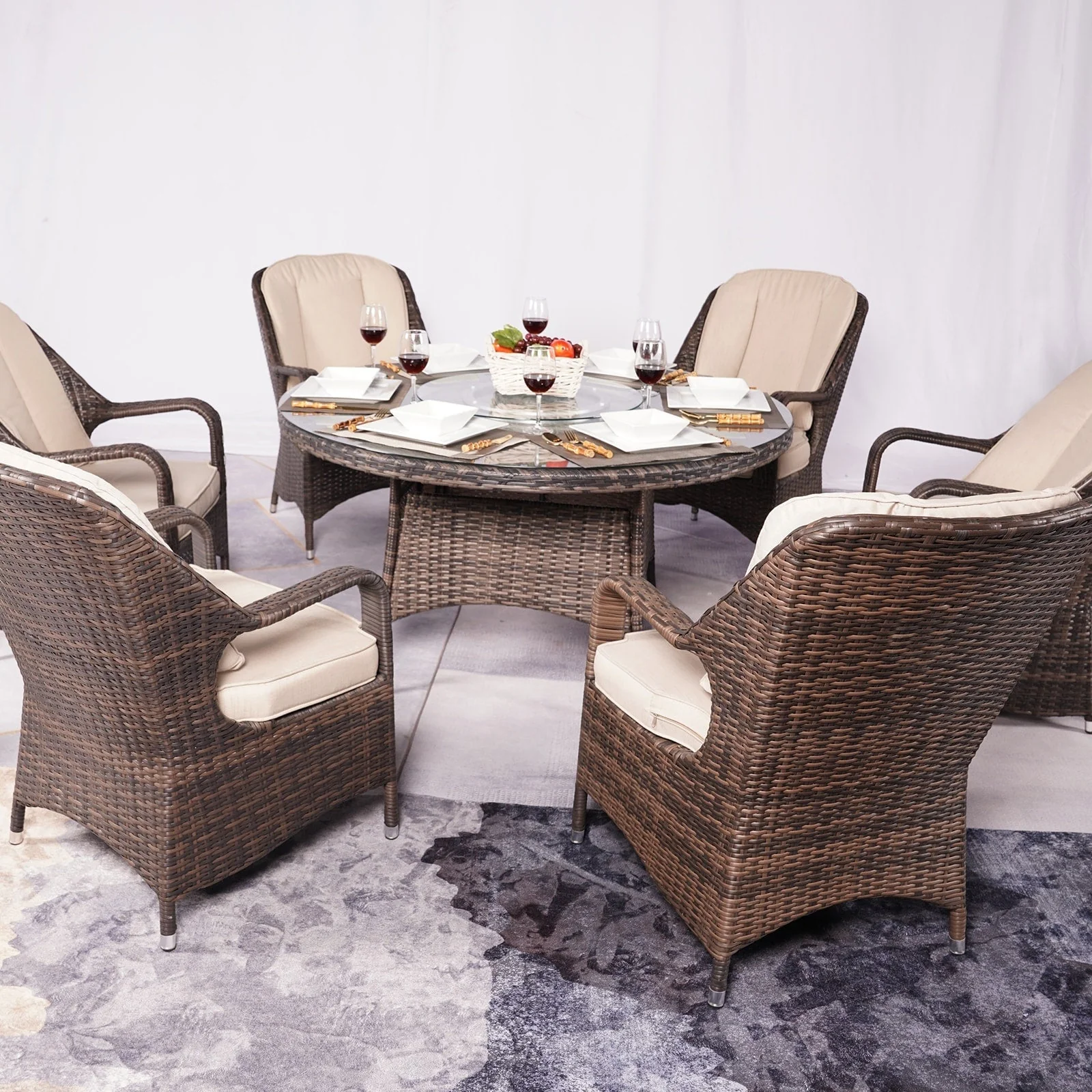 7 Pieces Outdoor Rattan Wicker Patio Round Dining Set with Cushions by Moda Furnishings