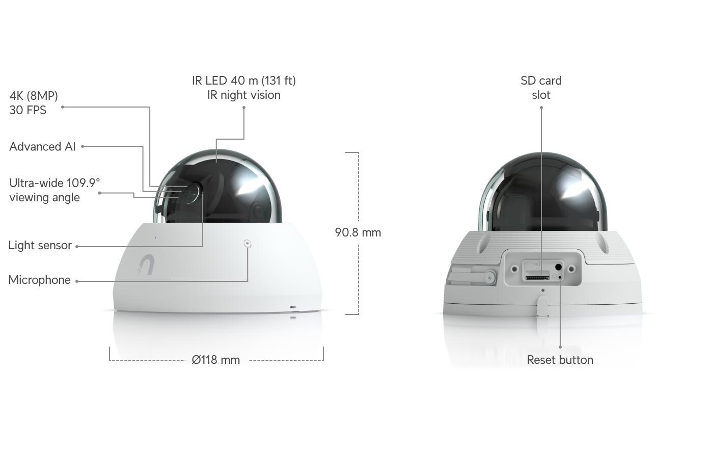 Netzwerkkamera UniFi AI Dome Weiss<br>Allwetter-feste, vandalismusgeschützte 4K PoE Dome-Kamera mit erweiterten KI-Fähigkeiten und Langstrecken-IR-Nachtsicht