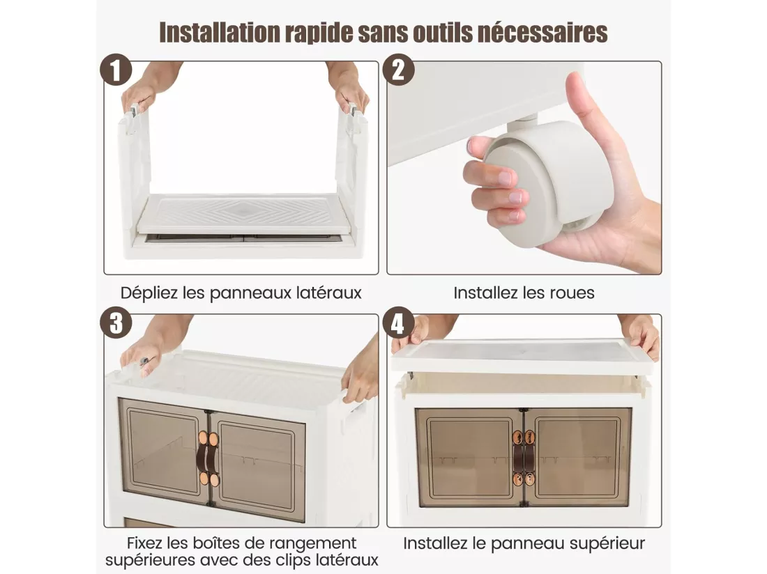 Boîte Rangement Plastique 165L, 4 Caisses de Rangement Pliables avec 4 Roulettes et Couvercles, Boite Empilable pour Vêtement, Livres, Jouets, Caisse pour Chambre, Salon, Cuisine (165L)