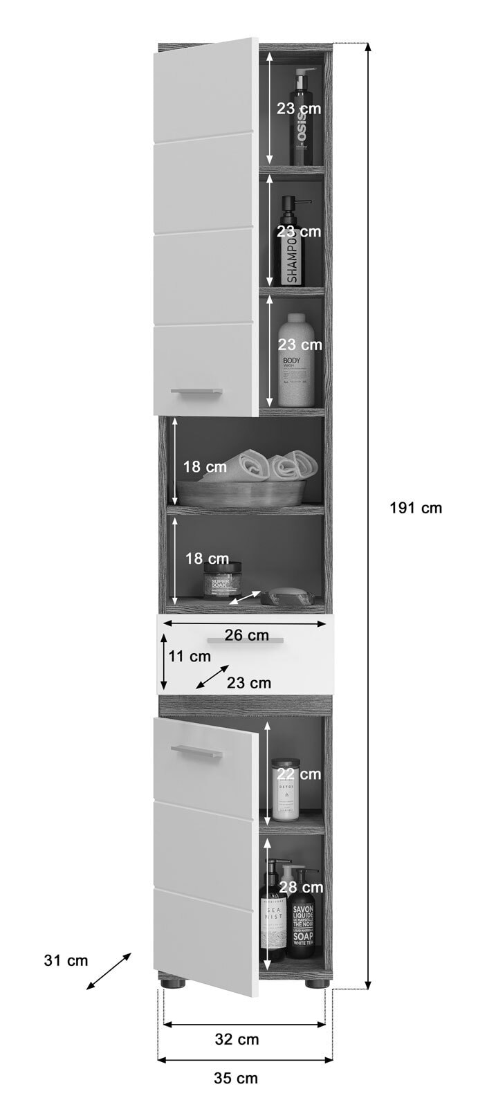 Hochschrank Blake Rauchsilber/Weiß Hochglanz 35x191x31 cm