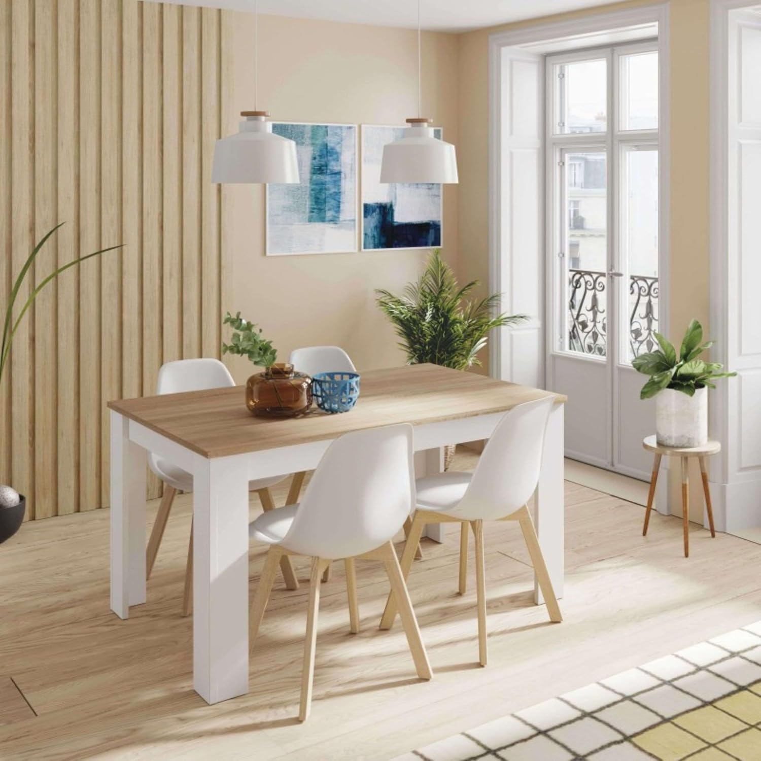 Habitdesign, ausziehbarer Esstisch, Wohnzimmer- oder Küchentisch, mit Platz für sechs Personen, Ausführung in Artik weiß und kanadischer Eiche, Maße: 140–190 x 78 x 90 cm (B x H x T), Modell Kendra