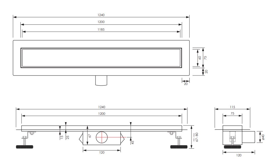 Brauer douchegoot 120x7cm met multifunctioneel rooster en flens RVS geborsteld