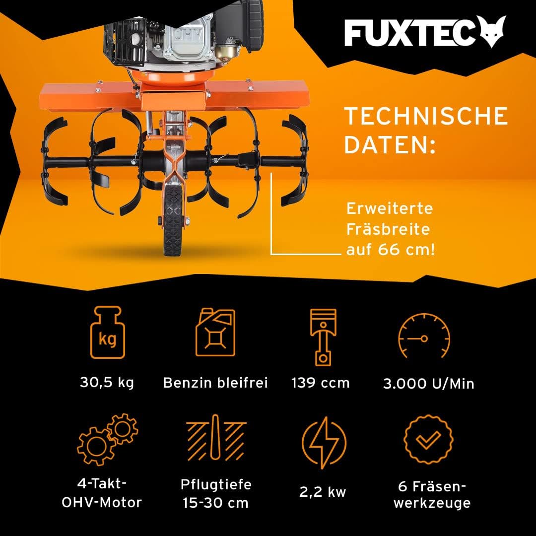FUXTEC Benzin Gartenfräse Set FX-AF1139 inkl Breitenerweiterung Motorhacke Ackerfräse Bodenfräse Bodenhacke Kultivator mit Räder 139ccm 2,2KW
