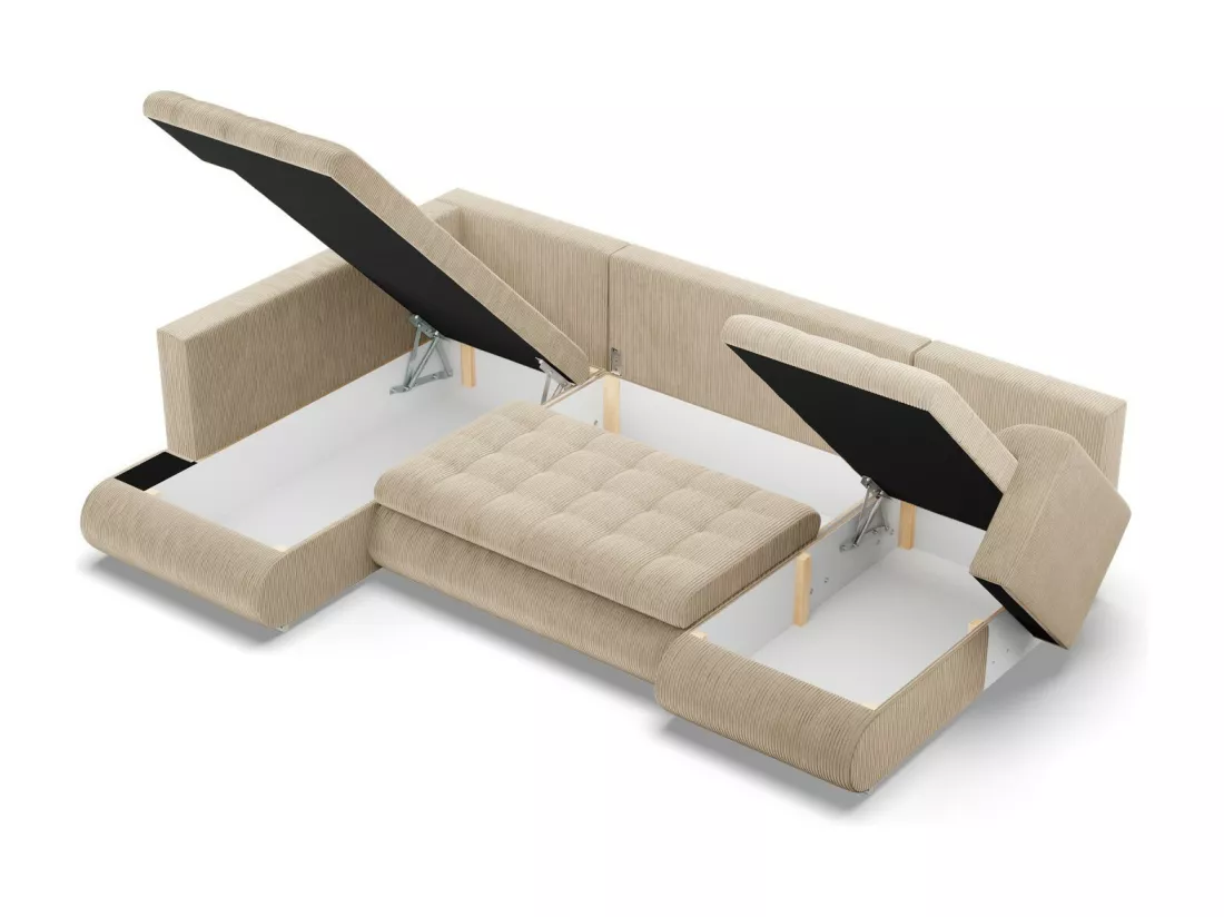 Canapé d'angle en U avec fonction sommeil, Ottoman, Cord - Beige