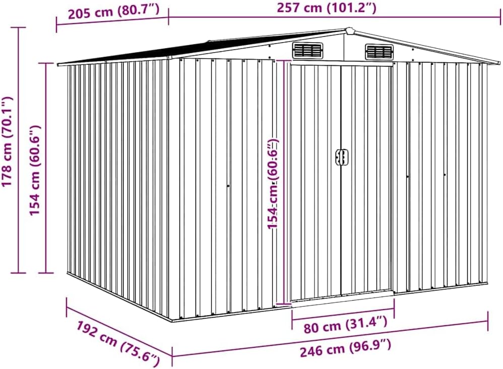 vidaXL Geräteschuppen mit 4 Entlüftungsöffnungen Schiebetür Gerätehaus Gartenhaus Schuppen Gartenschuppen Braun 257x205x178cm Stahl