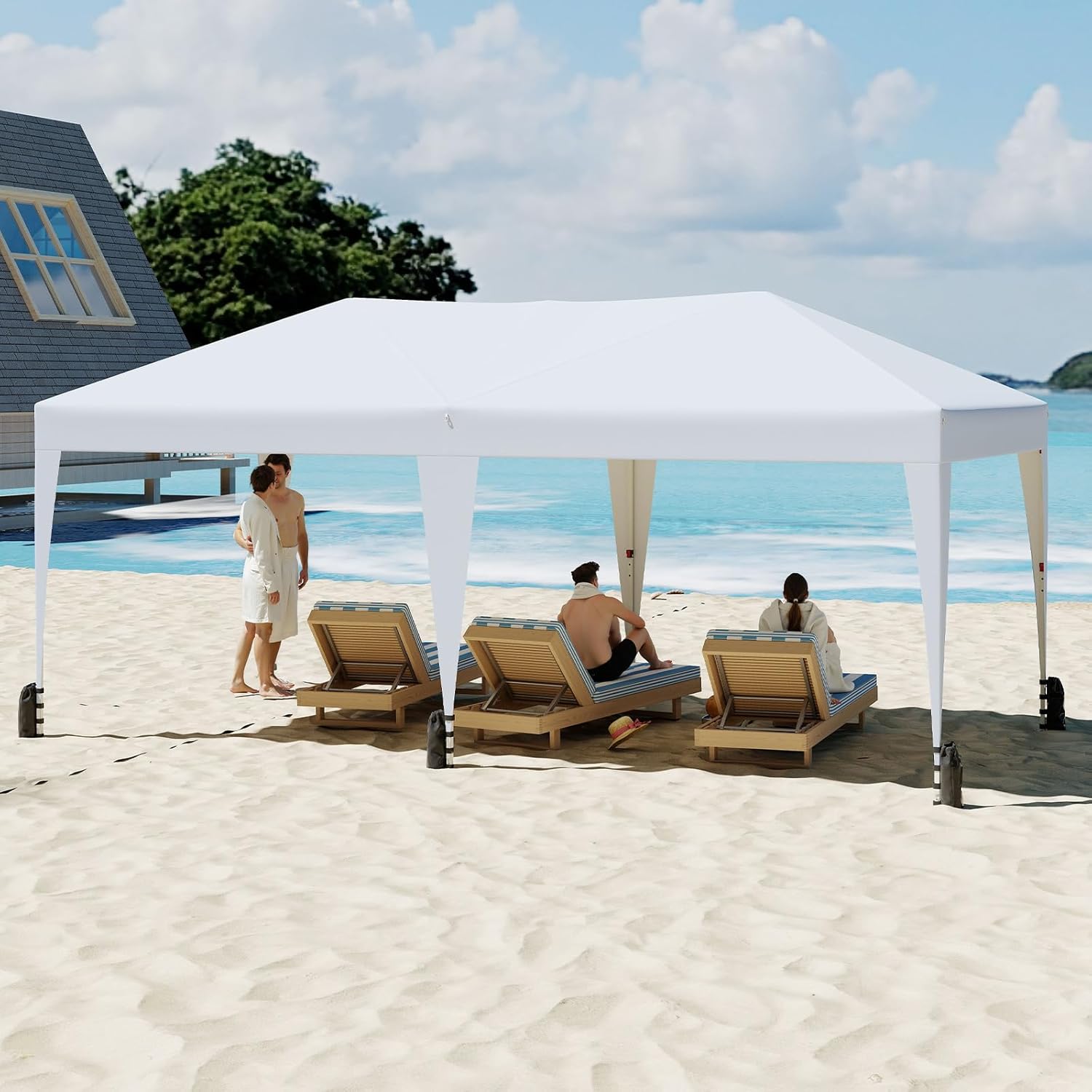 COSTWAY Pavillon 3 x 6 m, Pop up Faltpavillon Wasserdicht mit Tragetasche auf Rollen, UV Schutz 50+ Partyzelt inkl. 6 Sandsäcken, Gartenpavillon Höhenverstellbar für Camping, Party (Weiß)