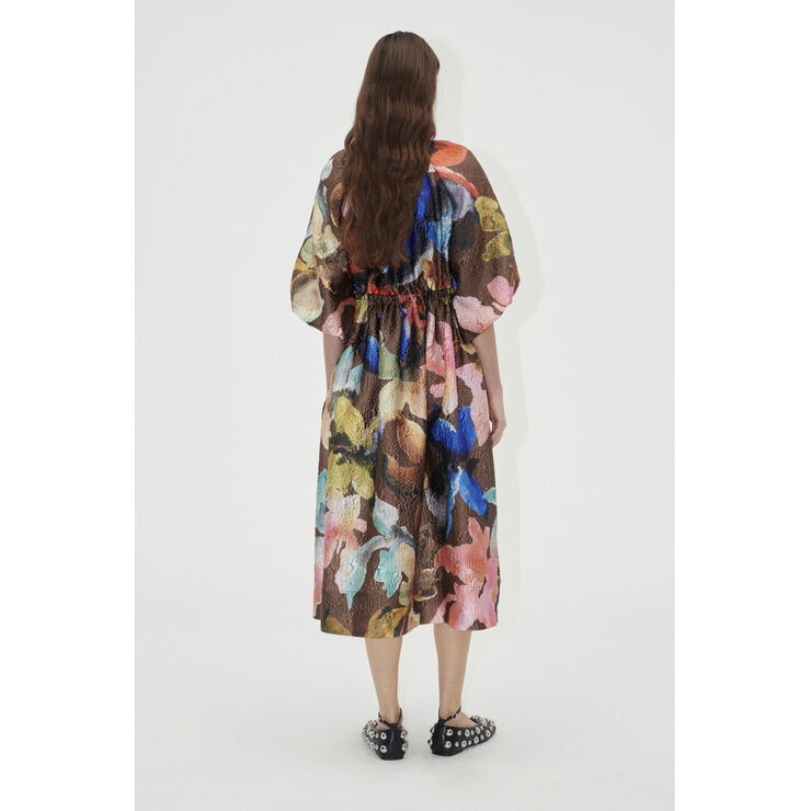 Stine Goya Three-Quarter Sleeve Elasticated Midi Dress, 2258 Crinkled T Aquarelle garden