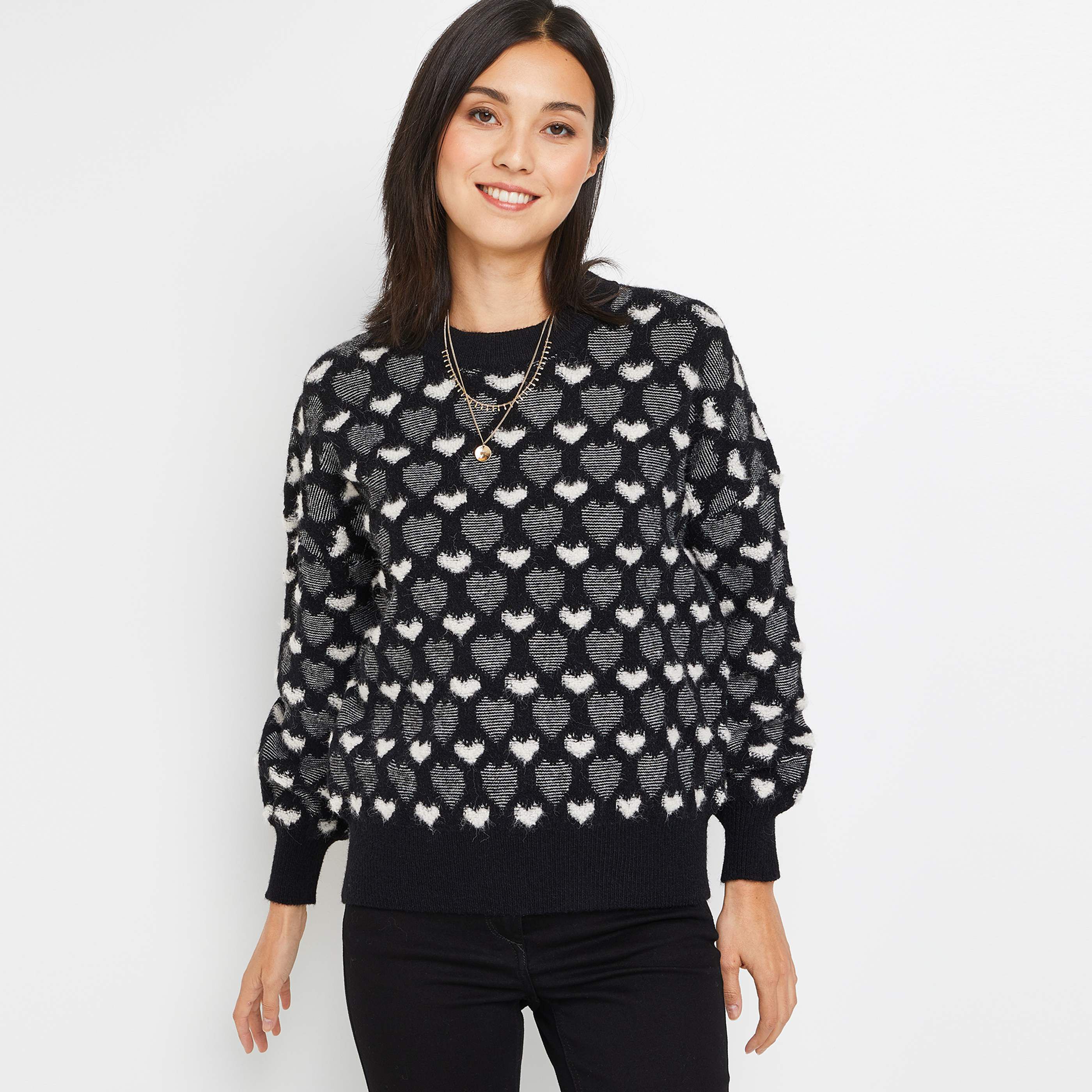 Pull jacquard coeur femme - NOIR