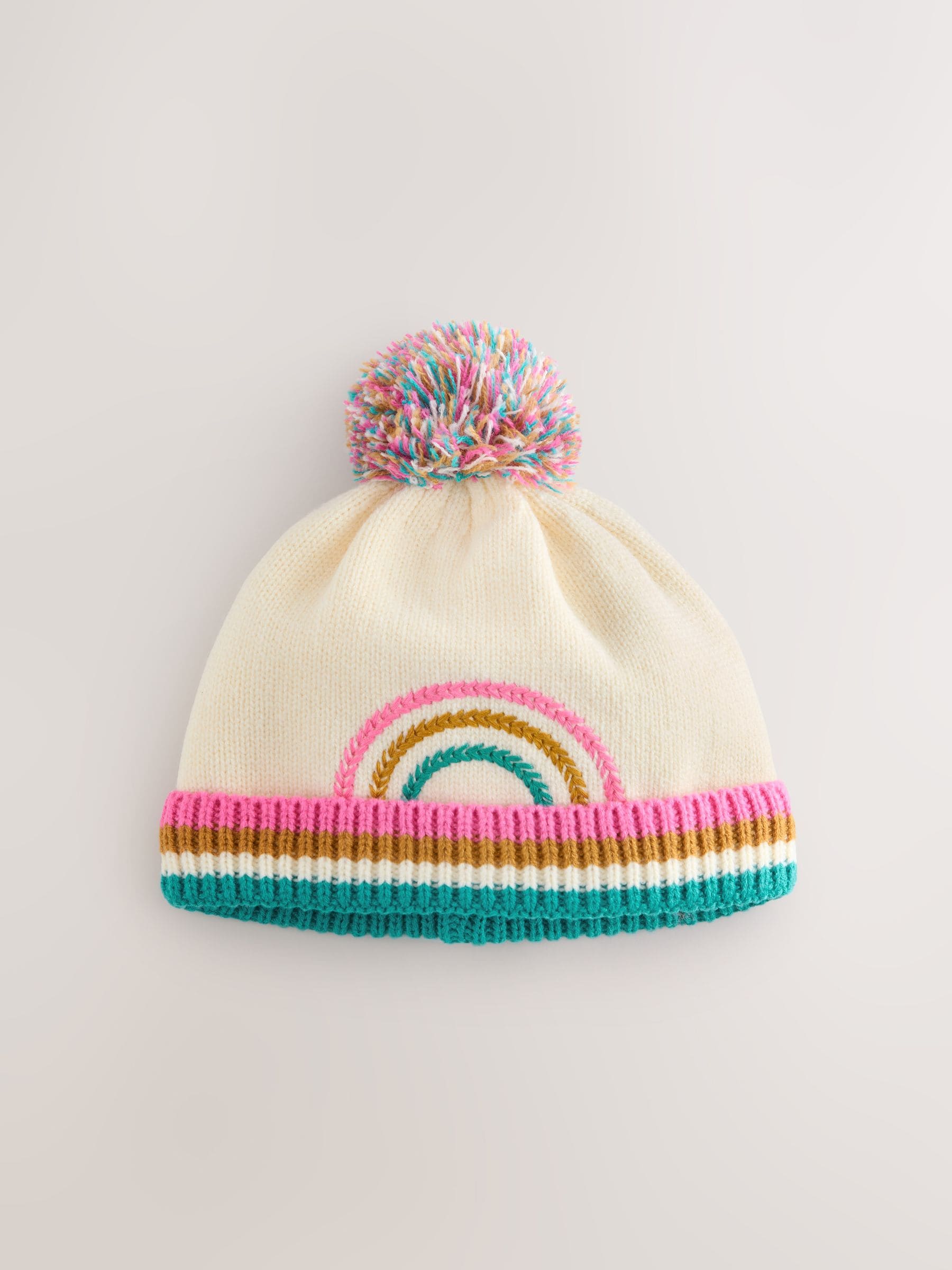 Cream Rainbow Embroidered - Gebreide babymuts met pompon (0 mnd-2 jr)