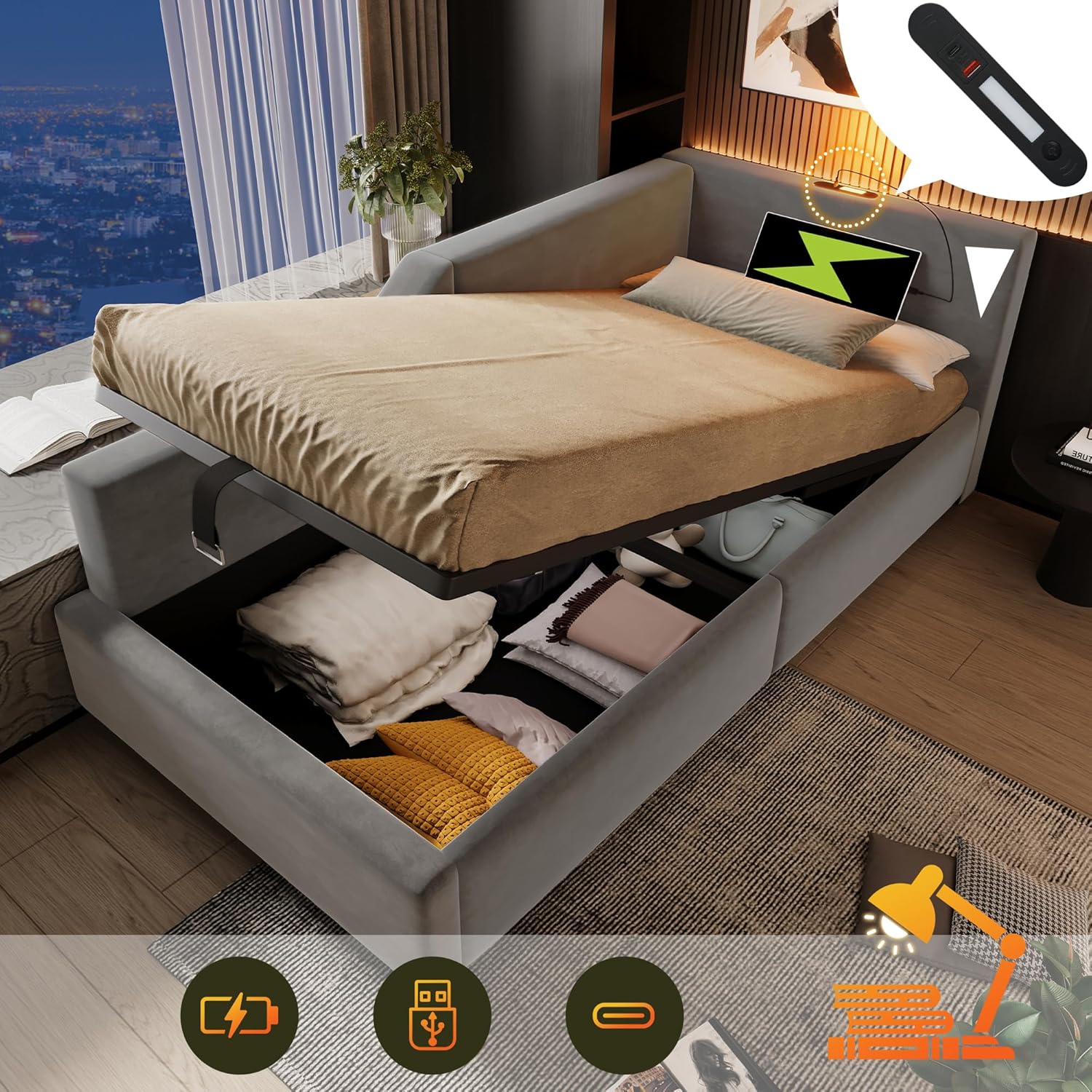 Polsterbett Tagesbett Daybett 90x200cm, Schlafsofa mit hydraulischem Stauraum, Leselichtfunktion und USB-C-Ladefunktion, Jugendbett Bettgestell, Samt (Grau, 90×200cm)