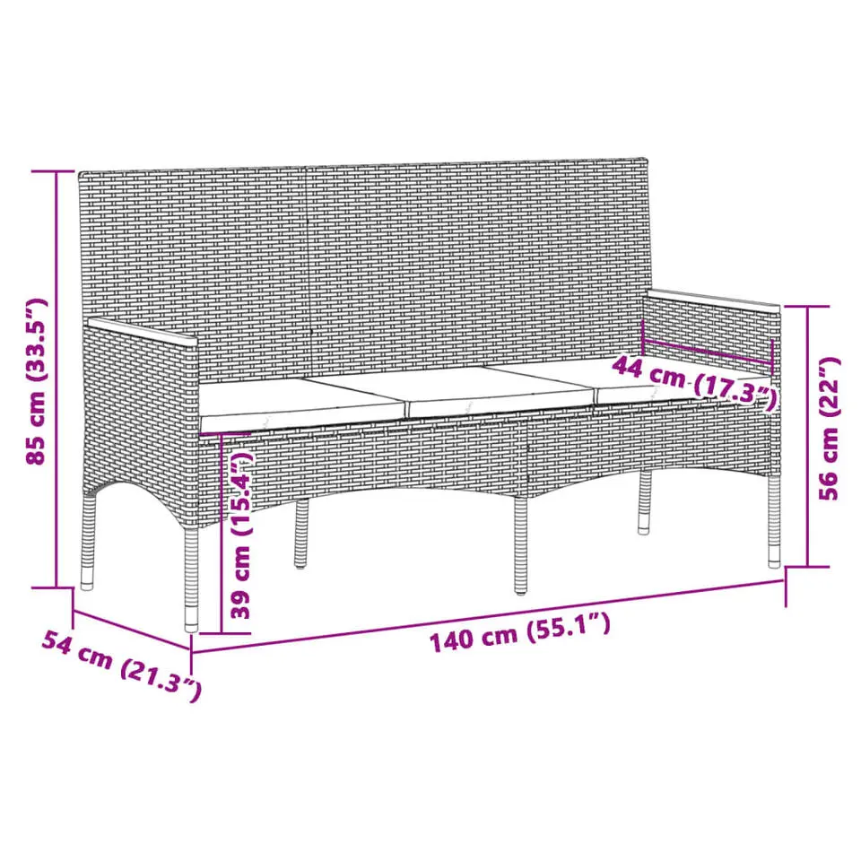 vidaXL - 3-zits Tuinbank met kussens - Grijs poly rattan - 140x54x85 cm