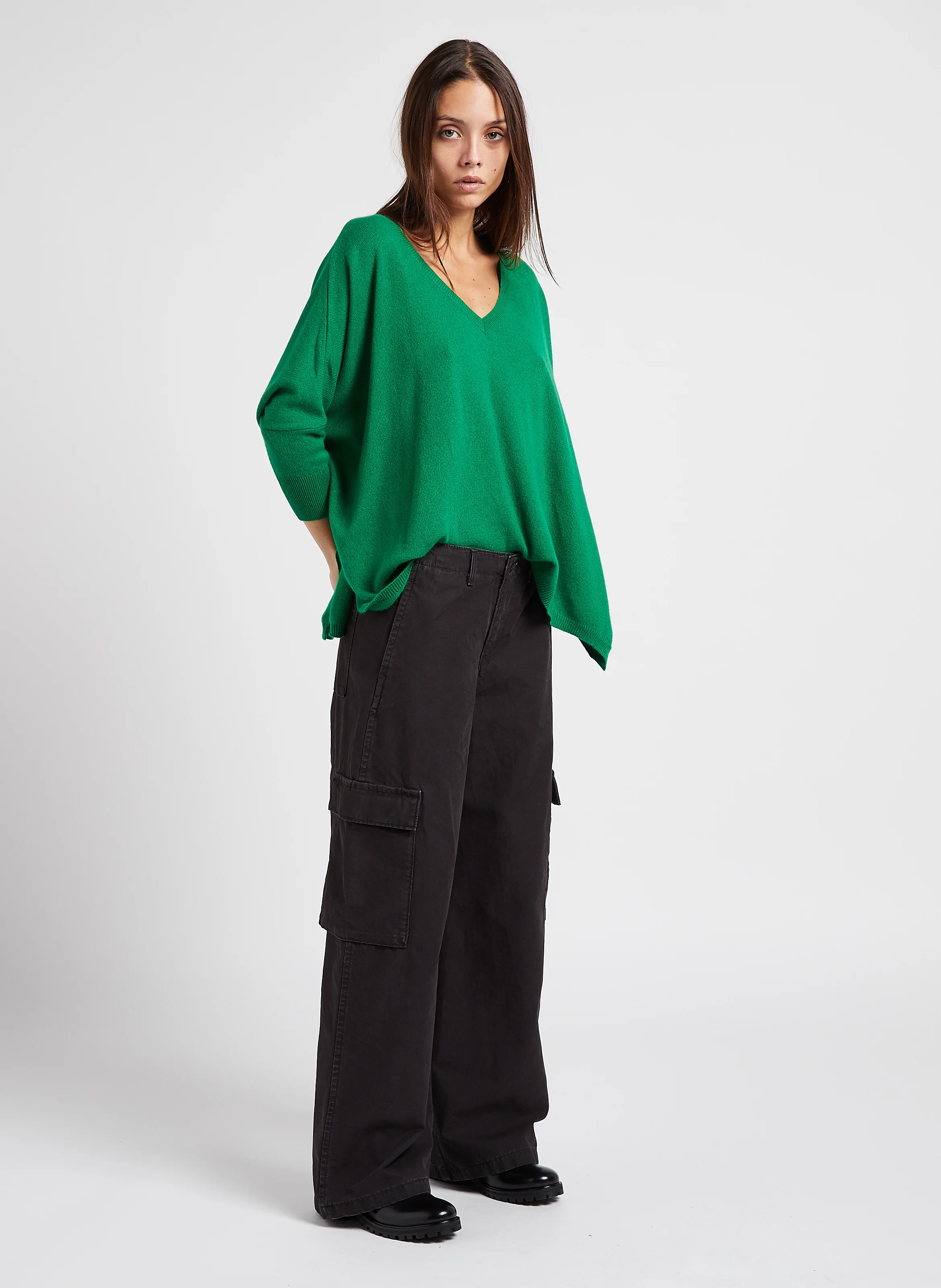 BAGGY CARGO - Pantalon large taille mi-haute en coton | Noir