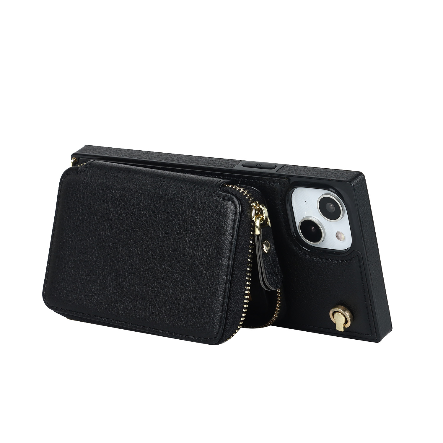 iPhone 14 Necklace Leder Schutz Hülle mit Kartenfächer   Handykette (140cm) - Schwarz