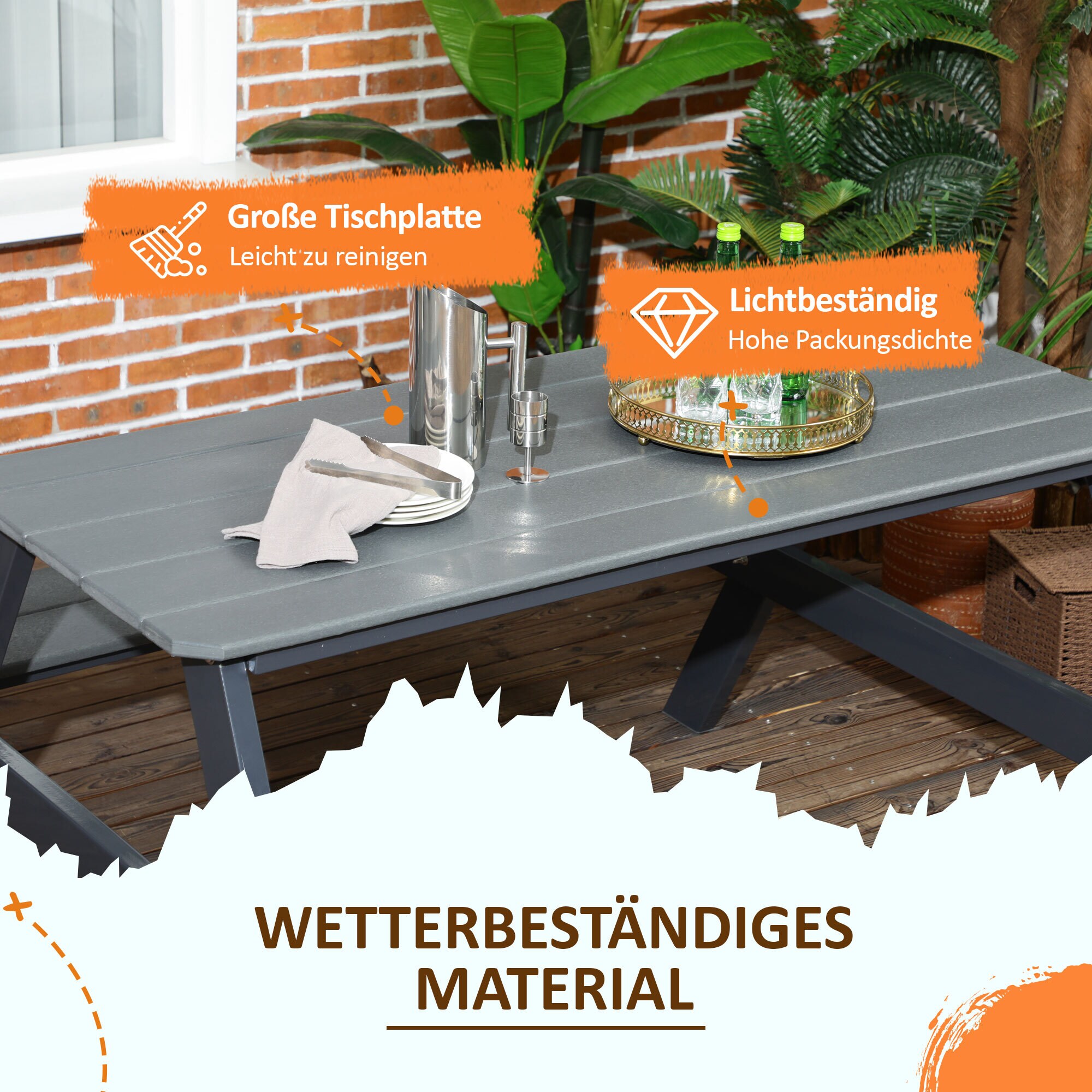 Outsunny Picknick Tisch mit Bank grau 150L x 140B x 47H cm