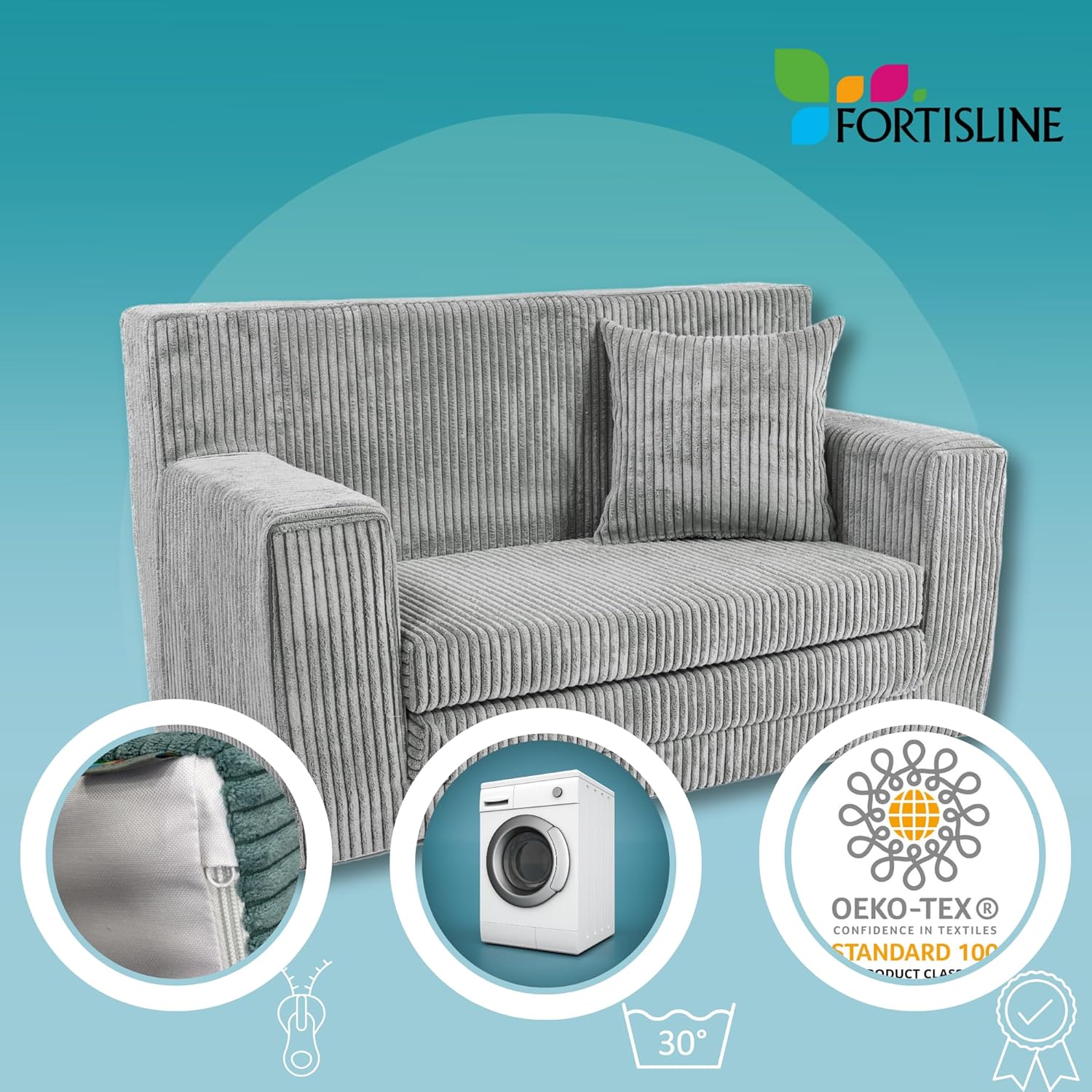 FORTISLINE - Kindersofa ausklappbar 83x47x43cm Oeko-TEX - Spielesofa für Kinder 2in1 - Kindercouch Aufklappen Bettfunktion - Schlafcouch aus Schaumstoff - Kuschel-Cord - Viele Muster (Schwarz)