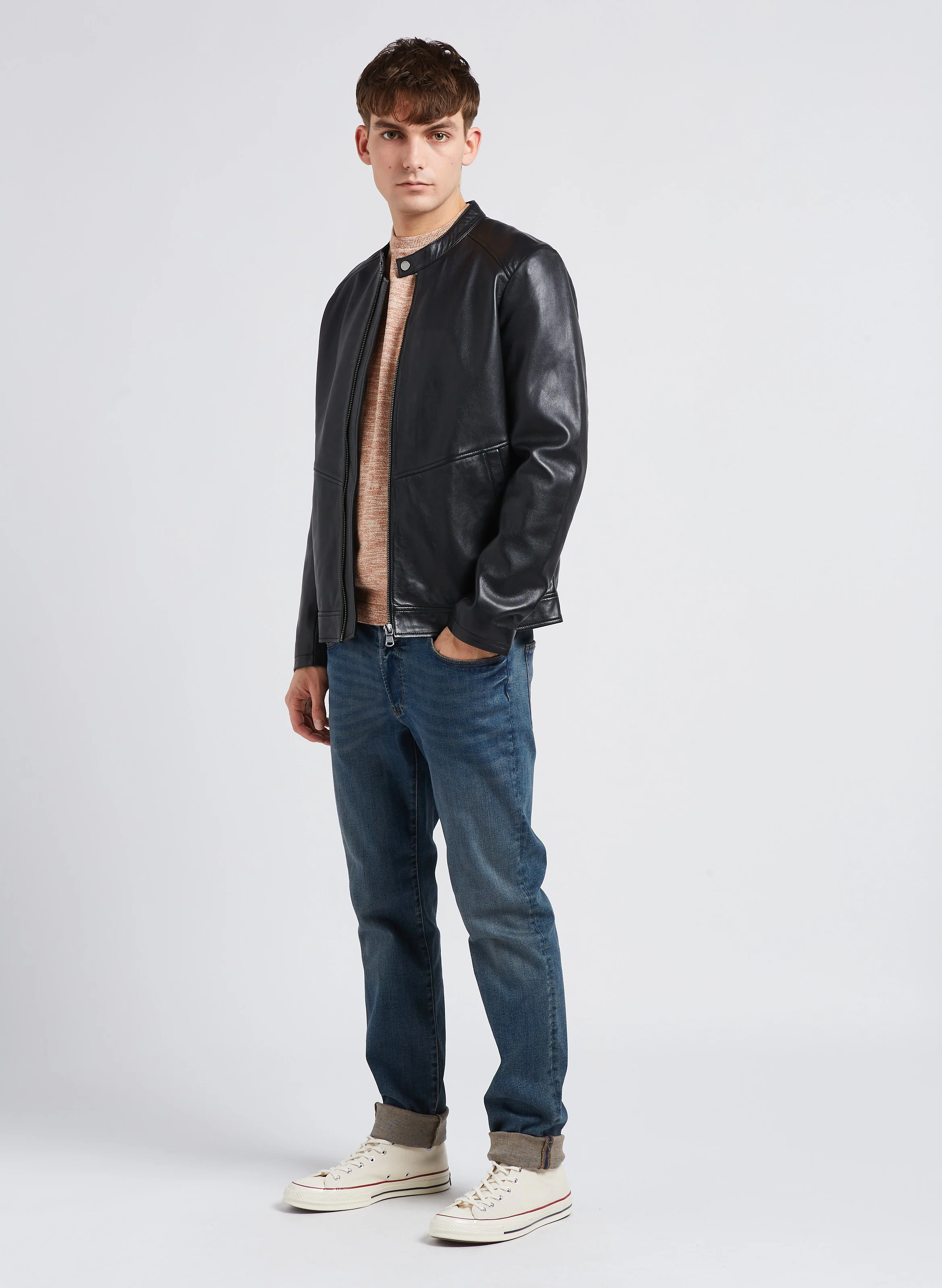 Blouson col officier en cuir | Noir