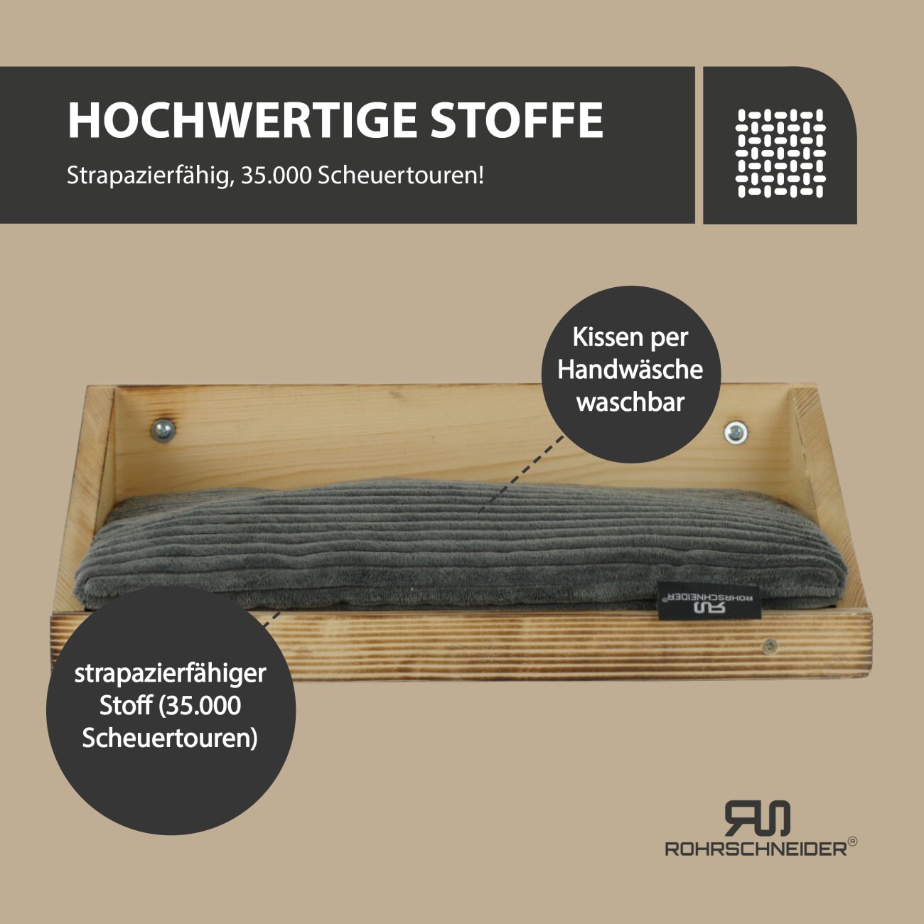 Rohrschneider ® Kletterwand Massiv, Wandelement, Katzenbett mit 2 Katzentreppen, waschbares Kissen dunkelgrau