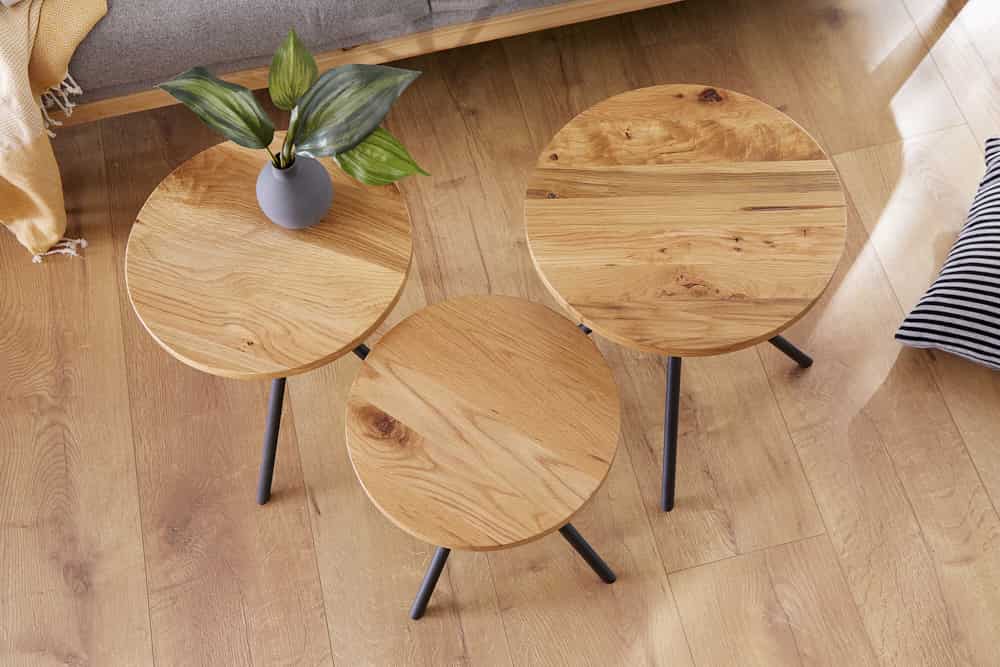 Modernes 3er Set Beistelltische FACTORY 40cm natur Wildeiche Massivholz rund schwarz Metall