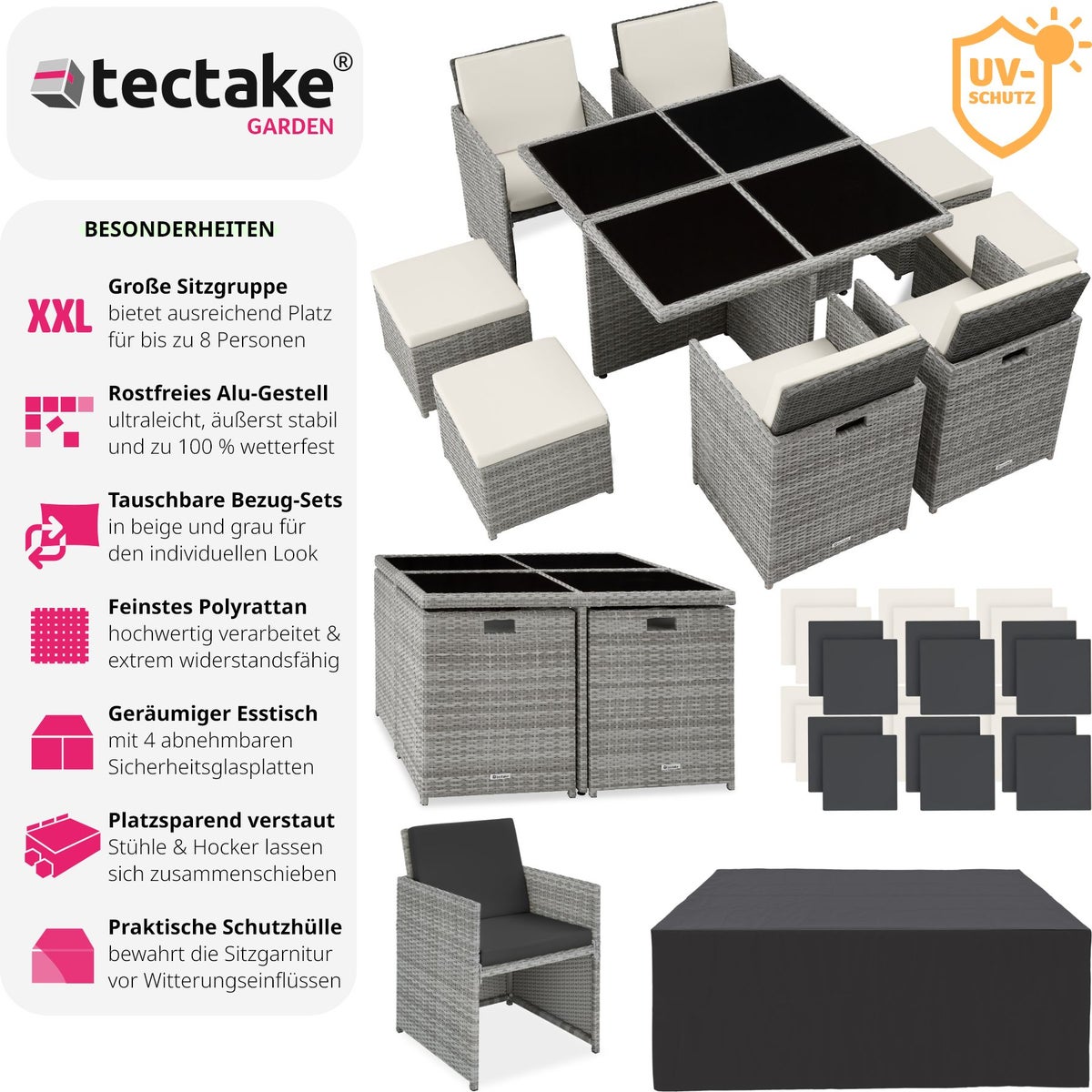tectake Manhattan rotan zitgroep met aluminium frame, 2 sets hoezen, inklapbaar, inclusief beschermhoes