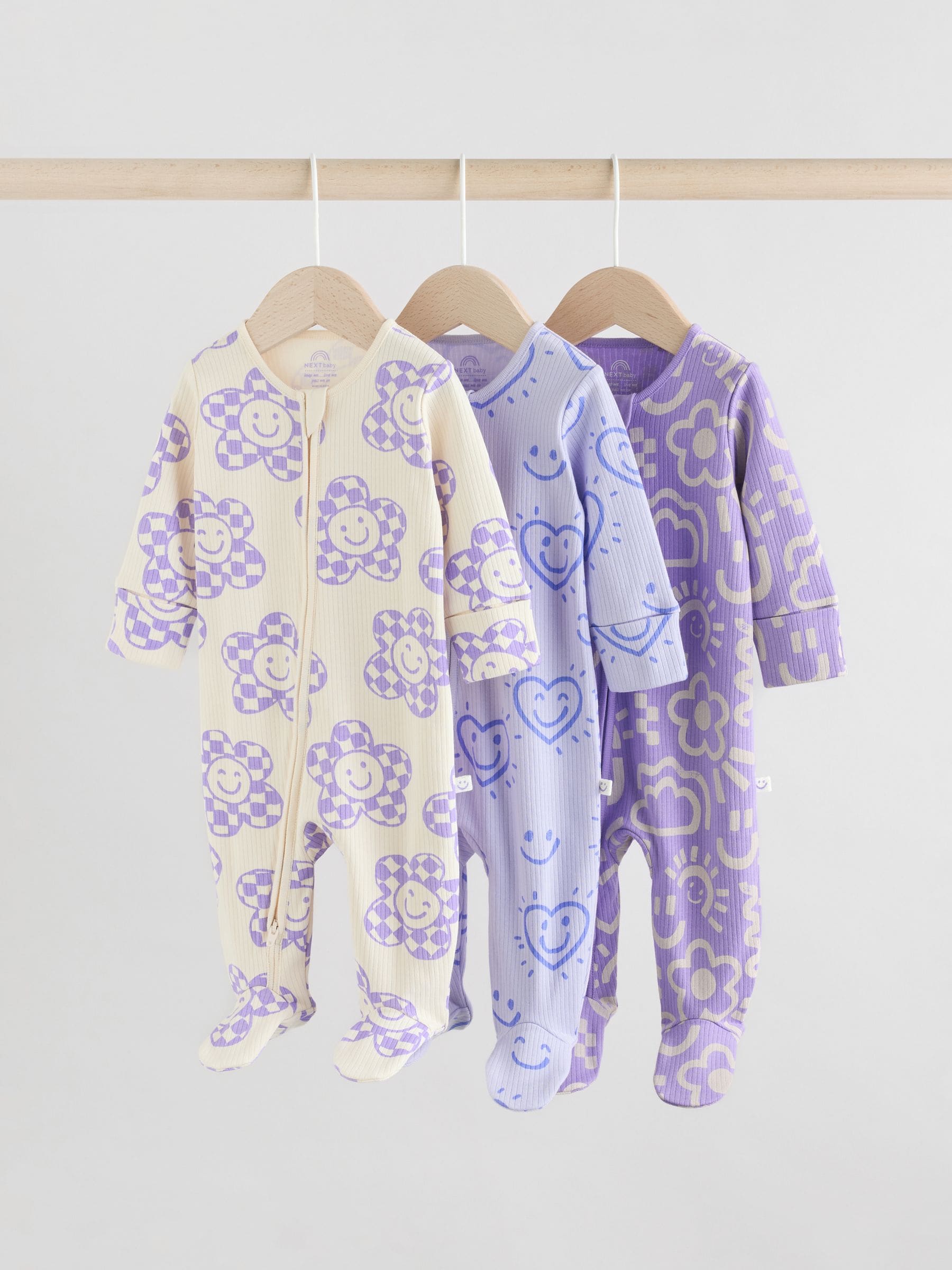 Lila-paars - Verpakking van 3 baby-slaappakjes met tweewegrits en bloemenprint (0mnd -3jr)