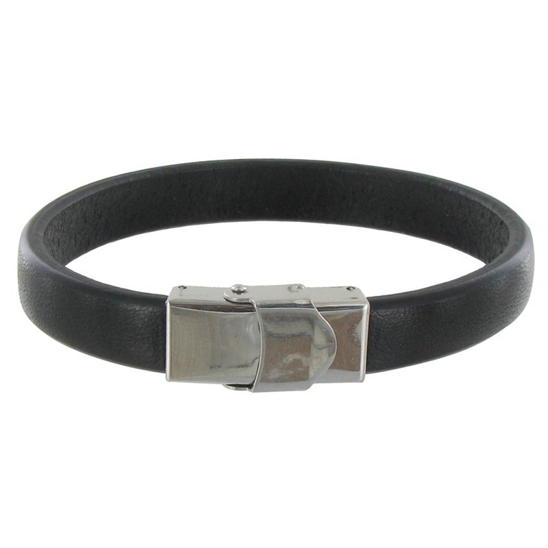 Bracelet Enfant Cuir Noir Large Fermoir Acier Inoxydable