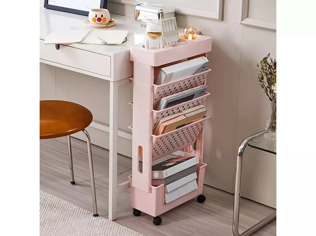 Bibliothèque Mobile à 5 niveaux, avec 4 roulettes, étagères de livre, 37.5x15x78cm, Rose