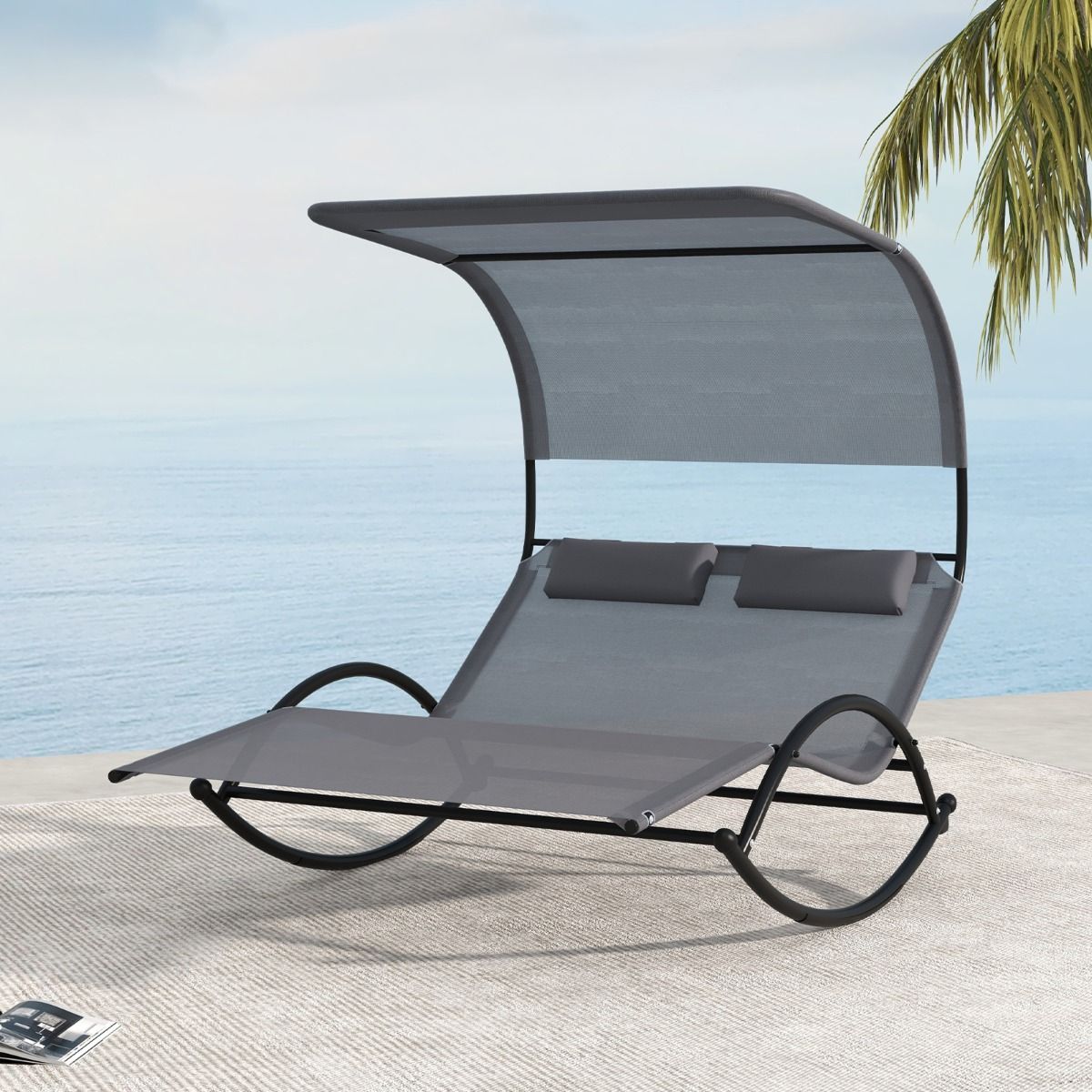 Chaise Longue Double Chaise à Bascule pour 2 Personnes 2 Appui-Têtes Amovibles Cadre en Métal Robuste Lit de Repos Ergonomique 2 Places Gris/Noir/Beige - Lidl-Manfred