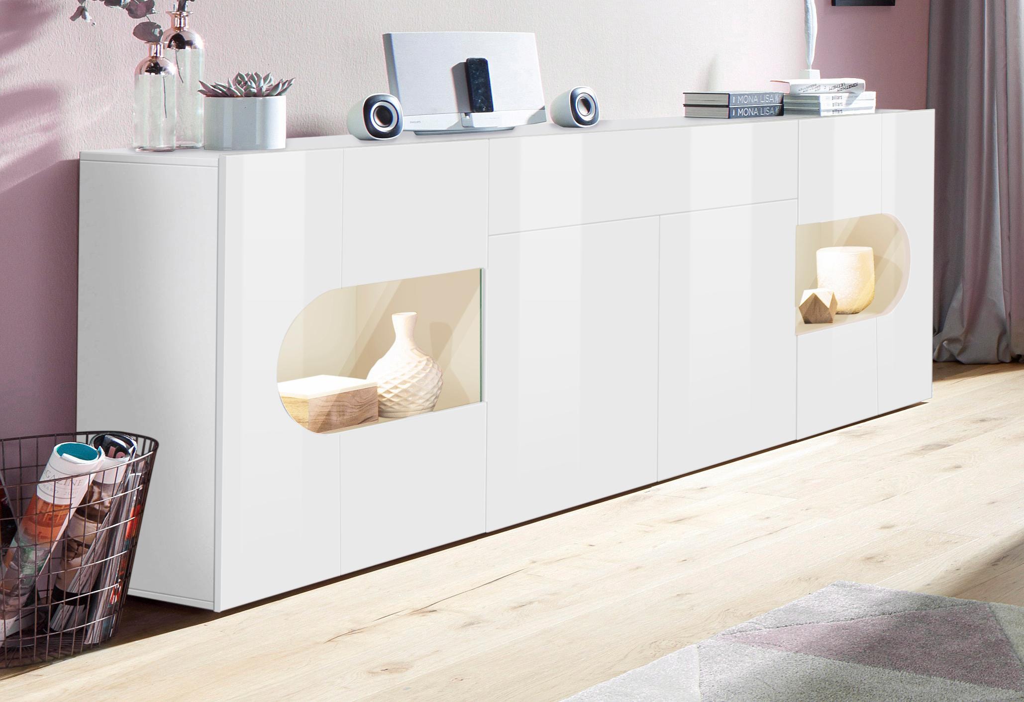 INOSIGN Sideboard »Real,Vitrine,Kommode,Schrank,komplett hochglanz lackiert« mit  4 Türen davon 2 Glastüren und 1 Schublade ohne Griff Breite 220cm