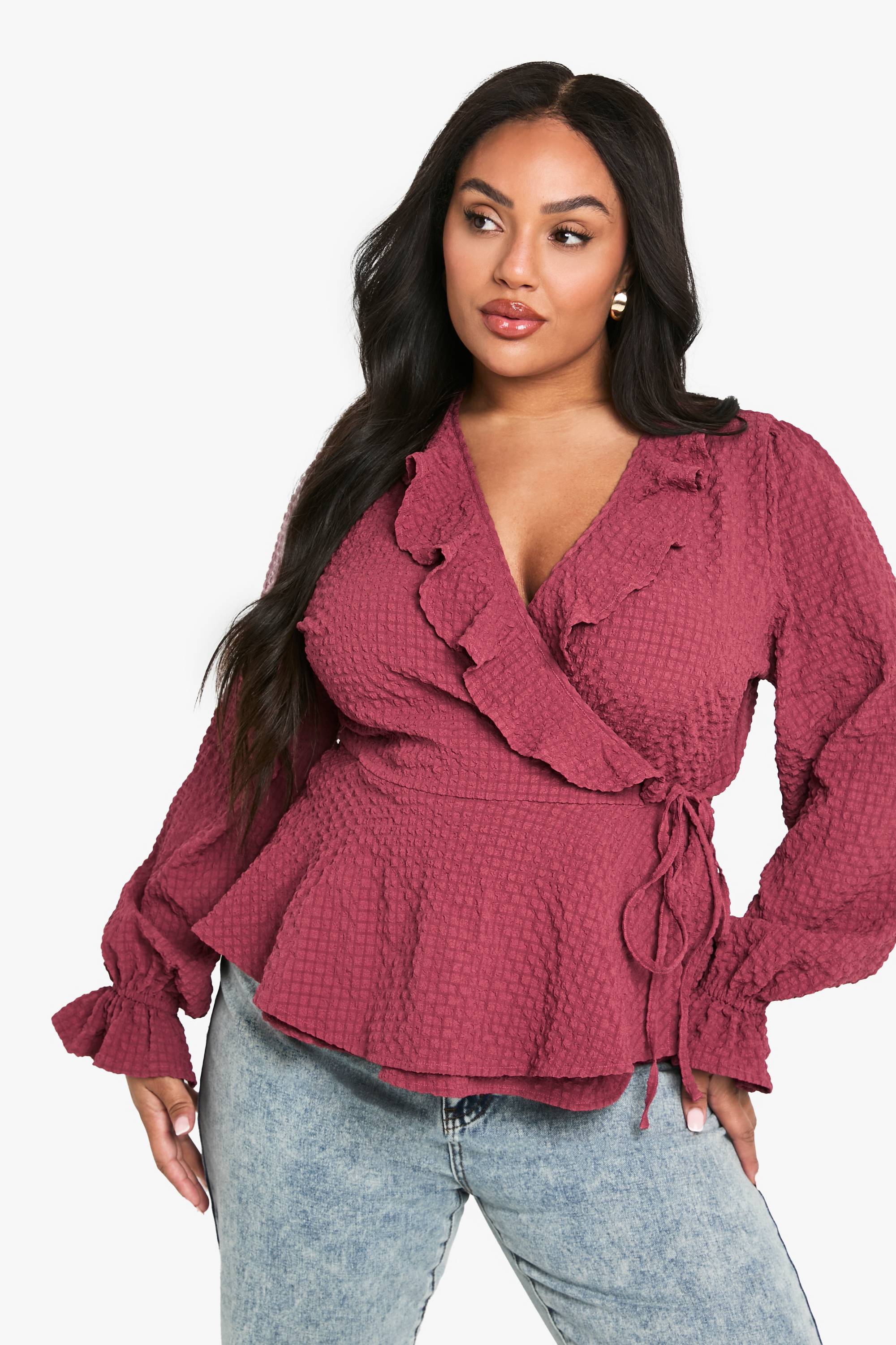 boohoo plus textured tie detail WRAP RUFFLE blouse