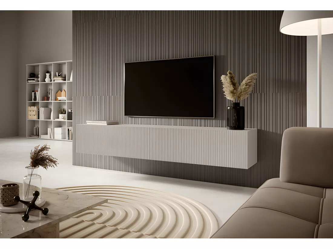 Meuble TV -175 cm - couleur gris-beige avec façade fraisée - VELDIO