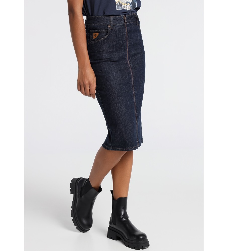 Saia Lois em jeans azul escuro com zíper