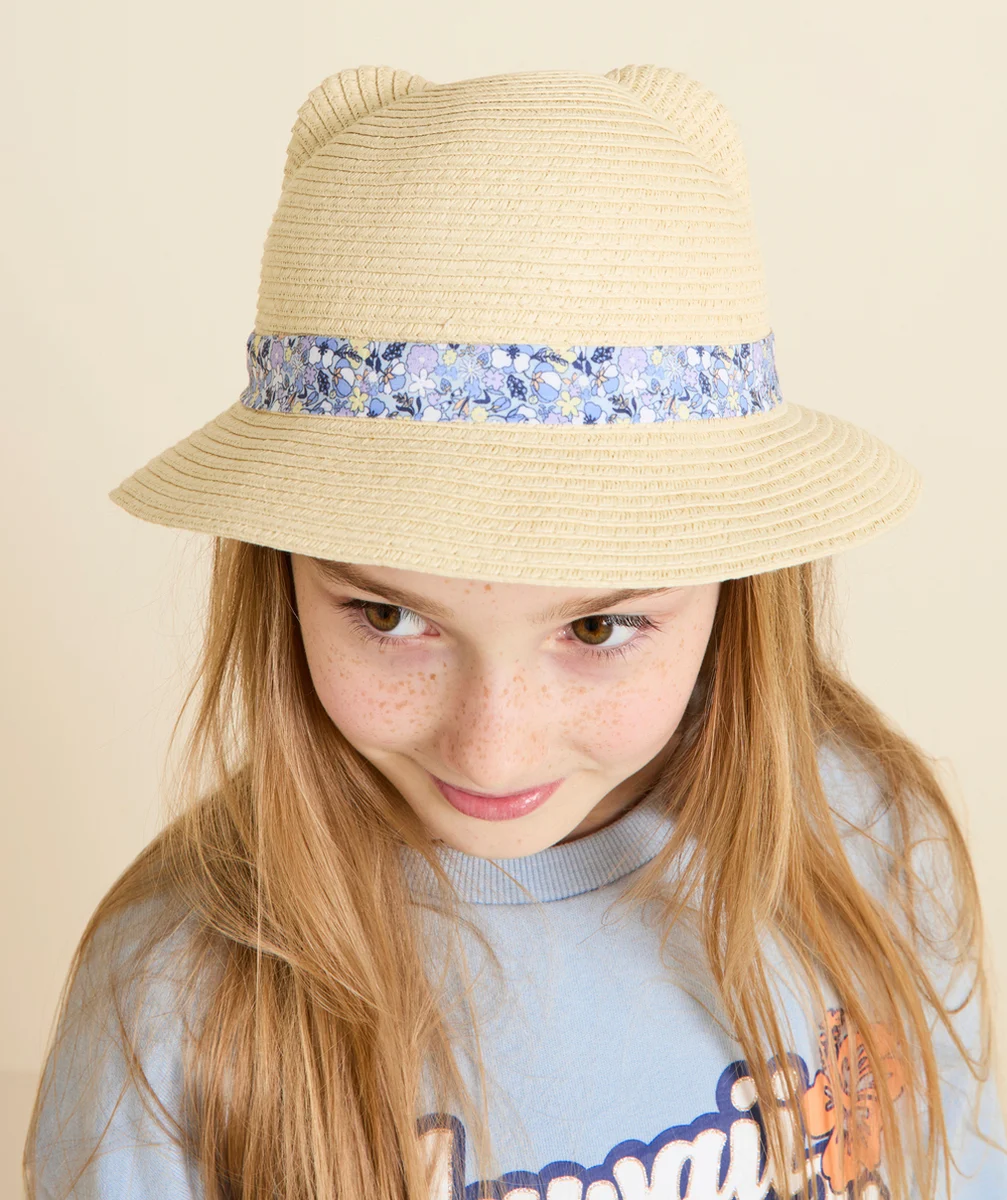CHAPEAU DE PAILLE BÉBÉ FILLE AVEC OREILLES ET NOEUD FLEURI