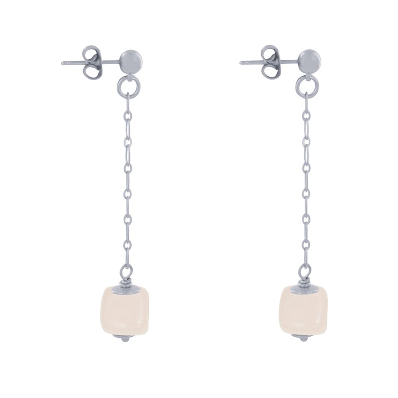 Boucles d'Oreilles Chainette Laiton Argenté et Cube en Céramique