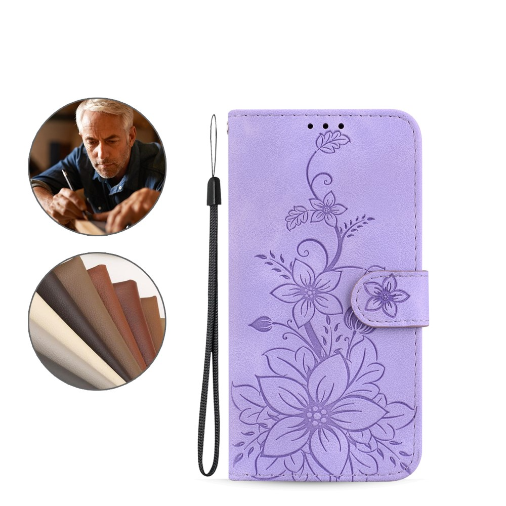 Samsung Galaxy S24 Leder Tasche Wallet - Blumen Imprint - Lila