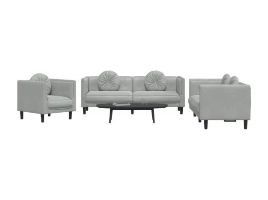 Ensemble de canapés 3 pièces avec coussins gris clair velours