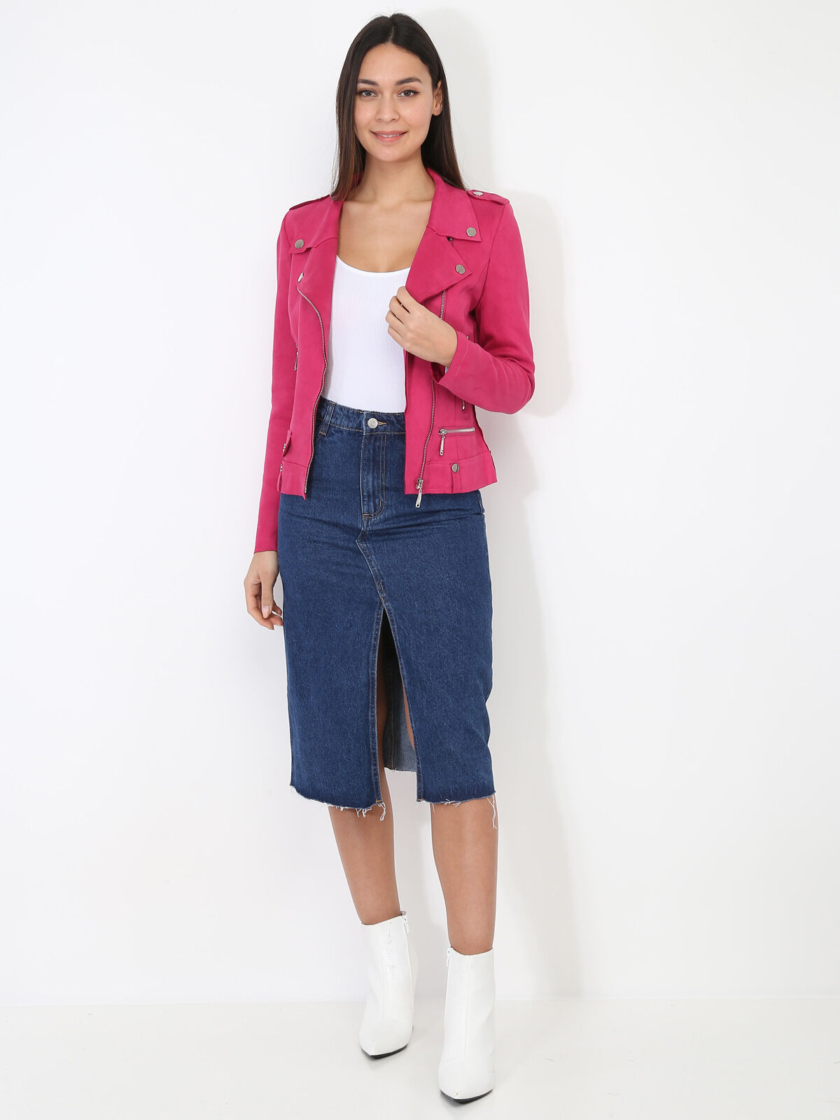 Veste biker ajustée en suédine- Fuchsia