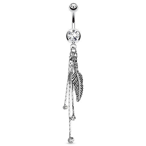 (10mm) 316L Chirurgenstahl Bauchnabelpiercing mit Gewindeverschluss Federn Anhänger - Silber