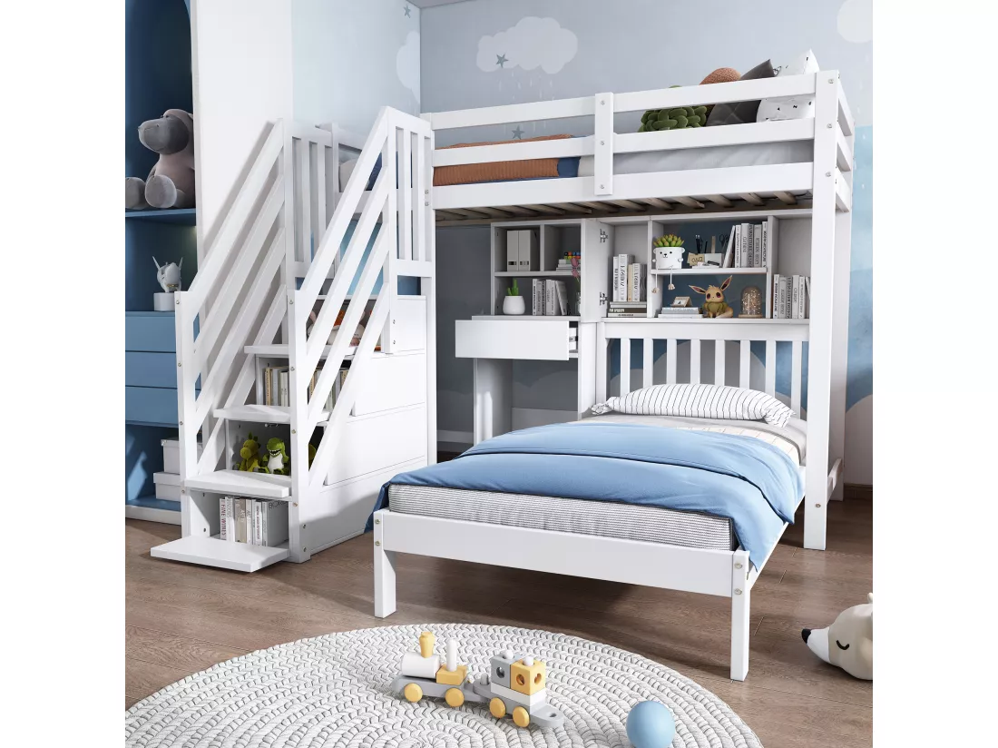 Lits superposés multifonctionnel pour enfant - 2 x 90 x 200 - 4 rangement dans l'escalier - avec bureau et tiroir - pin - blanc