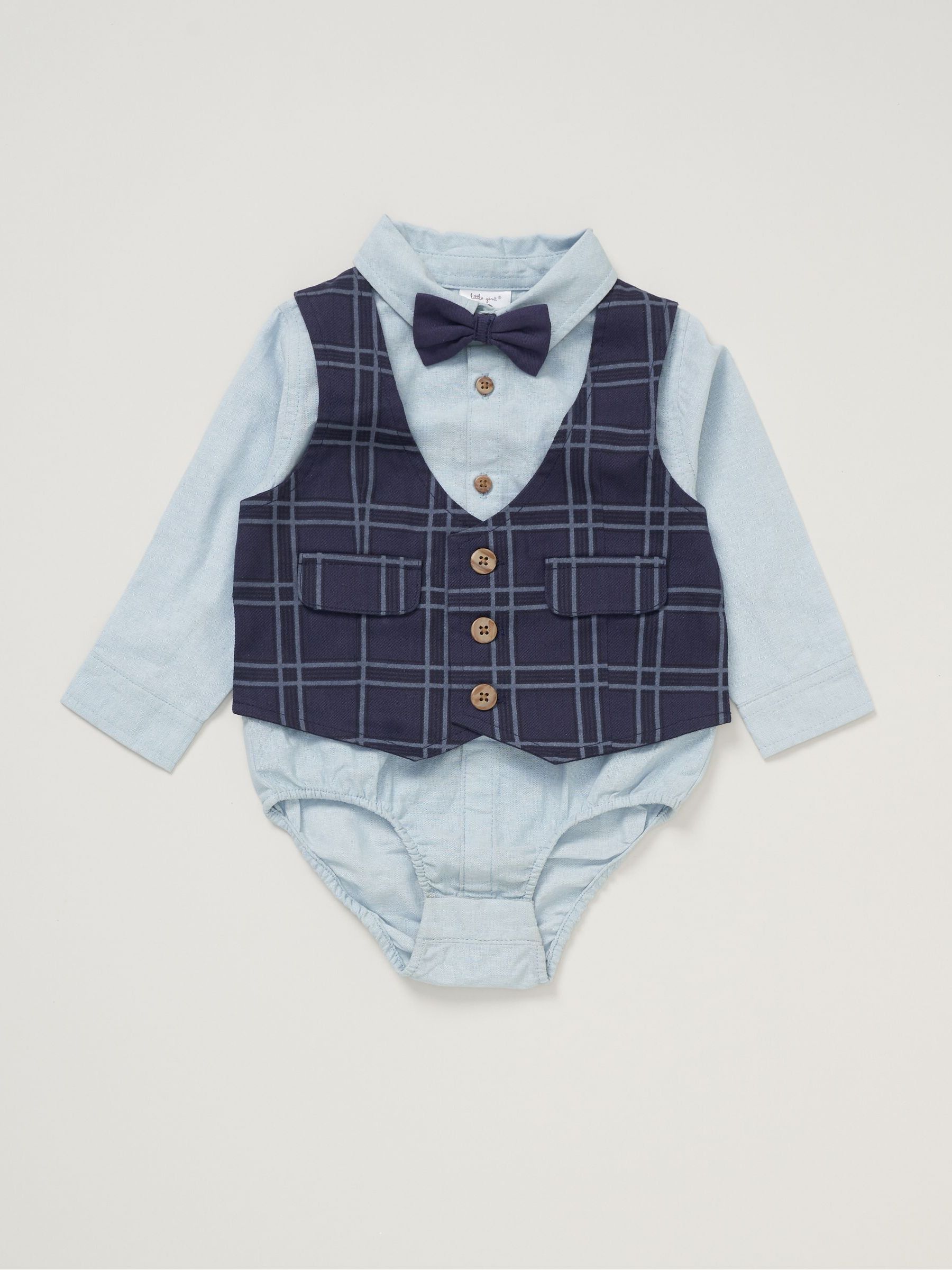 Little Gent blauw imitatiewanten 100% katoenen gilet met vlinderdas