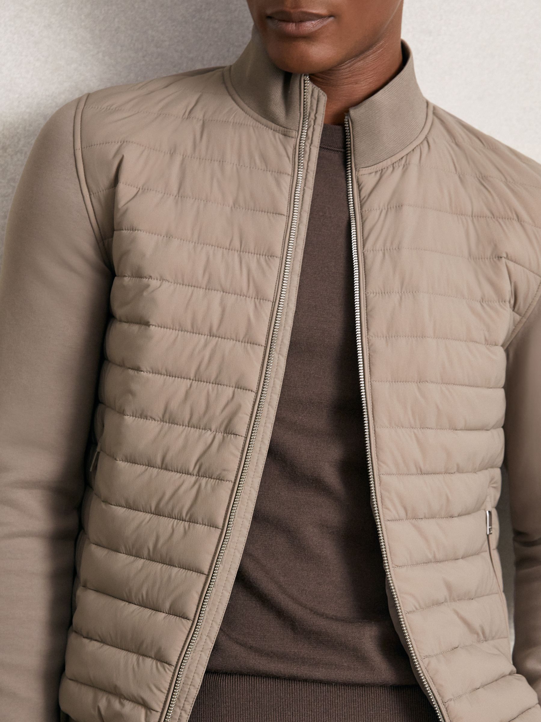 Taupe bruin - Reiss Freddie Hybrid gewatteerd en gebreid jack met rits