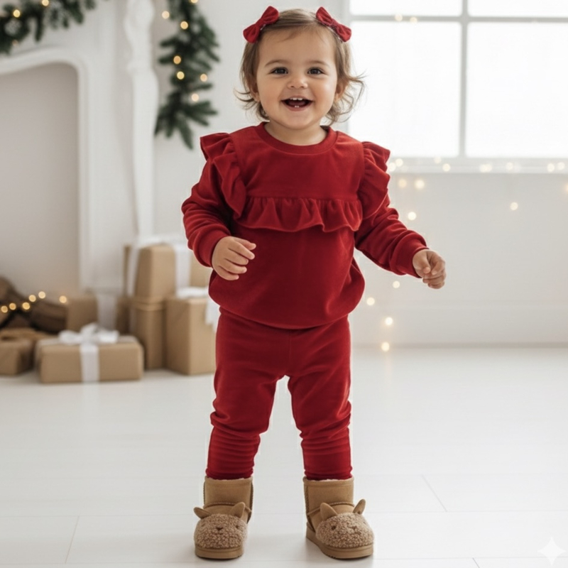 Velvet ruffled set - rood