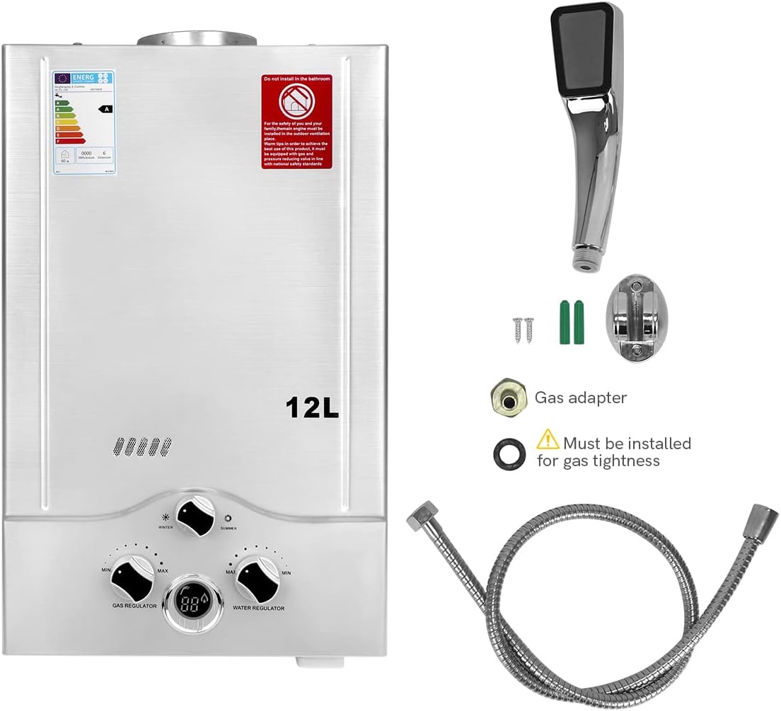 12LPM Gasdurchlauferhitzer,24KW LPG Durchlauferhitzer mit Super Niedrigem 0,2 bar Startwasserdruck,für Zuhause,Wohnmobile,Kabinen,Scheunen,Geeignet für Propan & Butan Silber